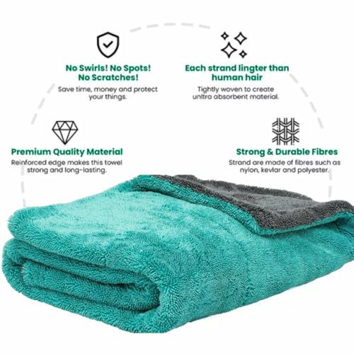 Image of 1200 GSM Microfiber Car Cleaning Cloth - Grey, Twisted Loop, Edgeless, Plush Pile Towel for Car Wash, Drying & Auto Detailing (Grey /Green)