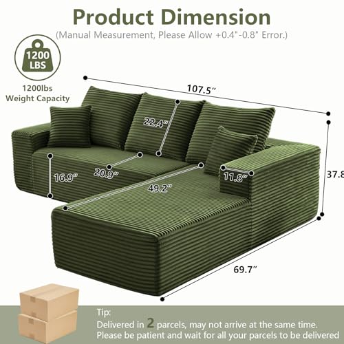 Image of 107 inch Cloud Sectional Couch with L-Shape Chaise, Modern Modular Comfy Sofa Chaise Longue, Upholstered Corduroy Couches Sleeper with Deep Seat for Living Room Bedroom, No Assembly Required, Green