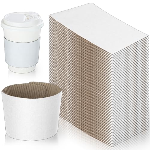 White Coffee Sleeves For 10 to 20 oz. Cups (100 Pack), Disposable Corrugated Cardboard Paper Jacket For Better Grip, Hot Cold Drinks Holder, Chocolate Milk Tea Beverage Insulator, Hand Protection