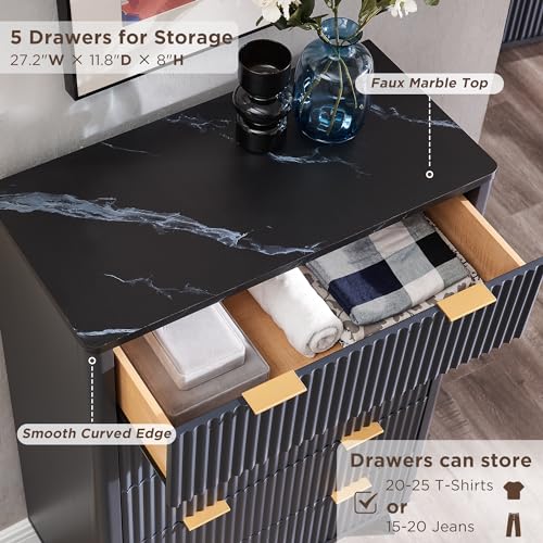 Image of T4TREAM Fluted 5 Drawers Dresser, 48 inch Tall Modern Chest of Drawers with Faux Marble Top, Curved Profile Design, Wood Drawer Organizer for Bedroom, Living Room, Hallway, Entryway, Dark Grey