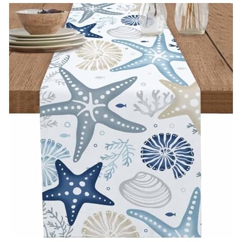 Ldtrchee Blue Starfish Coastal Table Runner 70 Inches, Summer Beach Nautical Coral Sea Bed Runner Dresser Scarves Tabletop for Indoor Outdoor Parties/Ceremony/Banquet, 13" x 70" Cover