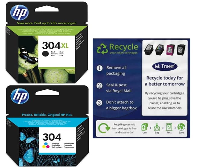 304 XL Black & Colour Refilled Ink Cartridges For HP 304 For HP Envy 5010 5030 5032 5020 Deskjet 2620 2622 2630 2632 2633 2634 3720 3730 3733 3735 3750 3760 3762 3764 & Freepost Recycling Pack