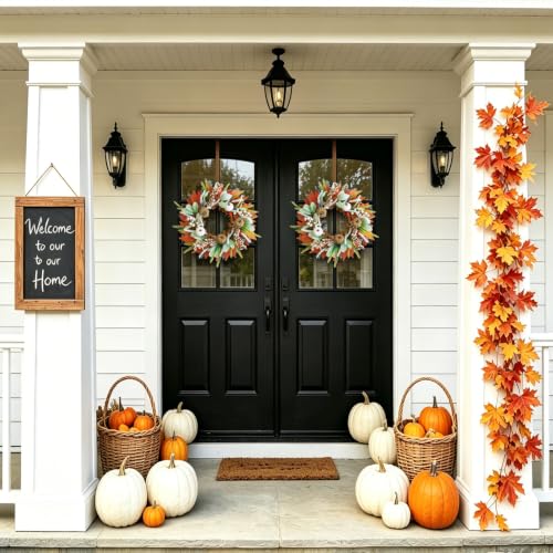 Image of 18 Inch Fall Wreath Maple Leaf Pumpkin for Front Door | Autumn Wreaths with Maple Leaves, Berries & Lamb's Ear for Thanksgiving Halloween Decoration, Indoor Outdoor Fall Decor