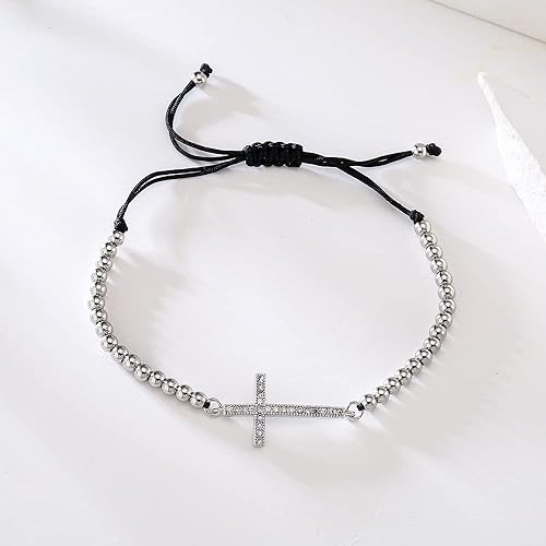 Miniatura 2 de Pulsera trenzada hecha a mano con cuentas de cobre de color oro y plata de la CZ de la cuerda negra ajustable