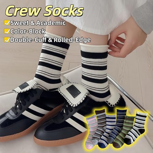 Image of 5 /10 Pairs Retro Style Colorful Striped Socks, Cute Athletic Crew socks for Women