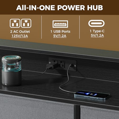Image of NEWBULIG Wooden Top Media Console for 32-52 inch Dresser TV Stand with 9 Fabric Drawers & Open Shelves, Entertainment Center with LED Lights & Charging Station for Bedroom, Grey
