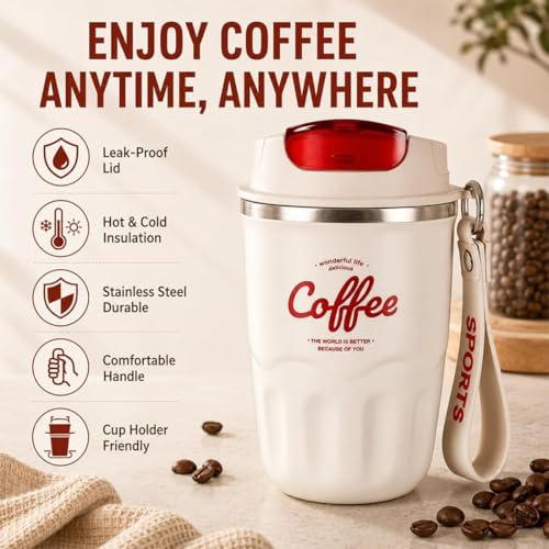Image of Coffee Vacuum Flask, 12oz Durable Insulated Tumbler Built-in LED Temperature Display, 316 Stainless Steel Travel Coffee Mug for Home, Office, And Outdoor Use (Smart temperature display-White)