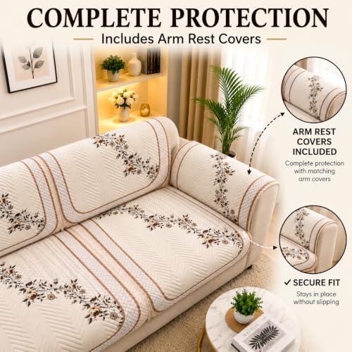 Image of Printed 7 Seater L-Shape Sofa Cover with Arm Covers, Quilted Texture, Sectional Couch Protector for Living Room-Pack of 15 (Beige)