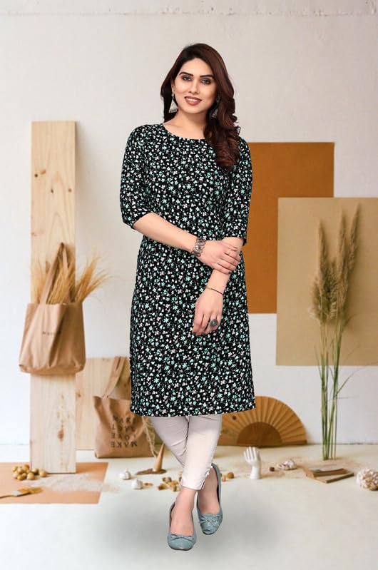 Image of JAKHANA Women's Crepe Printed Casual Straight Calf Length Round Nick Kurta Pack of 4