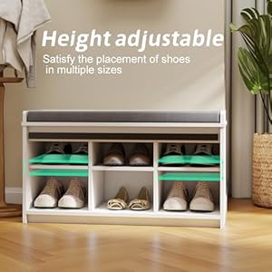 RASOO Shoe Storage Bench with Sliding Barn Doors, White Shoes Bench Cabinet with Grey Cushion, Adjustable Shelves (2 Sliding Doors and Open Cabinet) RASOO Shoe Storage Bench with Sliding Barn Doors White Shoes Bench Cabinet with Grey Cushion Adjustable Shelves 2 Sliding Doors and Open Cabinet