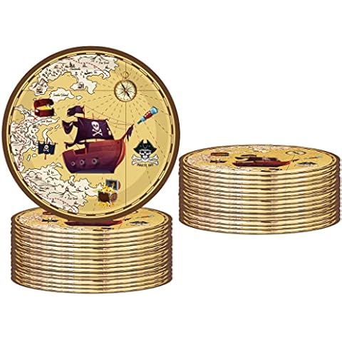 HSPAIDYP 50Pcs Pirate Party Supplies Pirate Nautical Party Supplies,7" Pirate Paper Plates,Pirate Skull Treasure Map Design Dessert Plates,for Pirate Treasure Theme Birthday Party Decoration Cover
