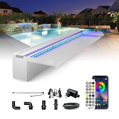 LONGRUN Cascade Piscine Fontaine, Lame d' Eau Piscine 60cm, Contrôle par APP Bluetooth,Acier...