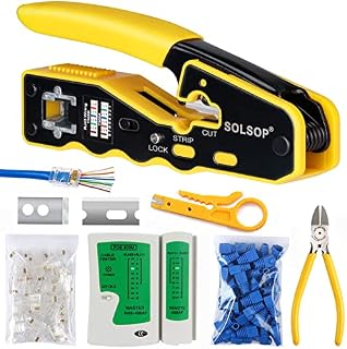 Solsop Network Cable Tester RJ45 Crimp Tool Pass Through Cat5 Cat5e Cat6 Crimping Tool Kit, 50PCS Pass Through Connectors, Mini Wire Stripper, Wire Cutter plier