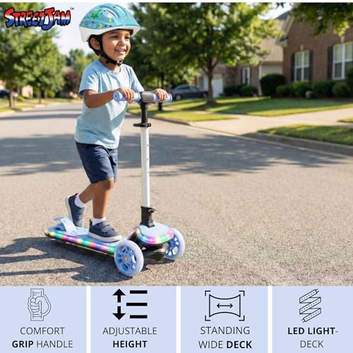 Image of STREETJAM Blinkie Kids LED Kick Scooter for 3-12 Years, LED Deck with Multiple Light Modes (1st Time in India), BIS Approved, Extra Wide Deck, Rechargeable, Up to 50 kg Load (Neon Blue with Grey)