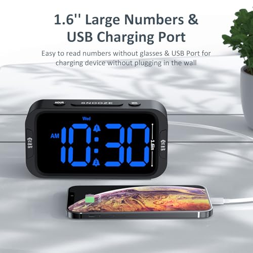 Image of Odokee Digital Dual Alarm Clock for Bedroom, Easy to Set, 0-100% Dimmer, USB Charger, 5 Sounds Adjustable Volume, Weekday /Weekend Mode, Snooze, 12 /24Hr, Battery Backup, Compact for Bedside(Blue)