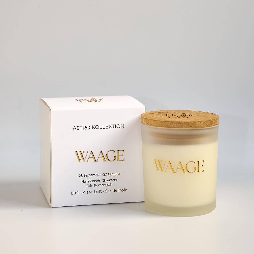 Waage Astro Duftkerze, Klare Luft & Sandelholz, Sojawachs, 220 ml, 45–50 Stunden Brenndauer