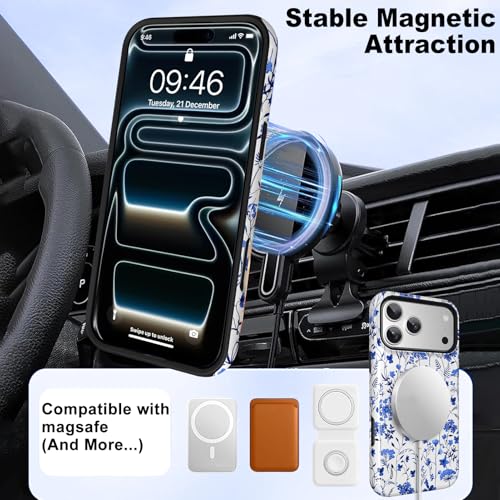 Image of Magnetic for iPhone 17 Pro Max Case with Finger Strap Kickstand [Compatible with Magsafe] Cute Floral Flower Pattern Design, Dual-Layer Shockproof Protective Cover for Women Men, Blue