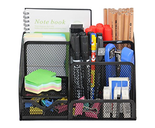 EPG-Life Office Mesh Desk Organizer Pencil Holder with Drawer, 7 Compartments, Black