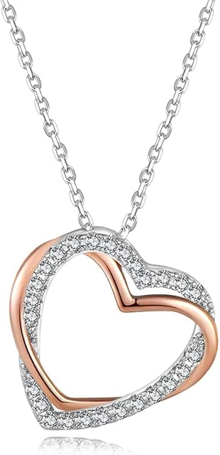 immobird Rose Gold Double Heart Necklace with Cubic Zirconia 925 Sterling Silver Necklaces for Women Girls