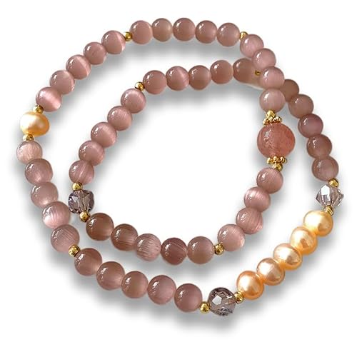 Handmade Natural Gemstone Bracelet with Pink Cat's Eye Stone & Freshwater Pearl - Anxiety Relief, Multi-Layer Wear, Perfect Gift for Women & Teen Girls