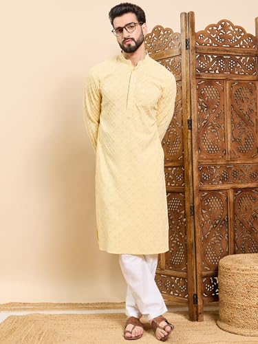Image of Vaamsi Ethnic Bay Men's Viscose Rayon Solid Embroidered Long Straight Kurta | Men's Kurta | Embroidered Chikankari Kurta for Men | Straight Fit Kurta for Men