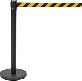 Retractable Barrier Tape, Queuing Pull Out Safety Belt, Black Base (Black Post, Black/Yellow Belt)