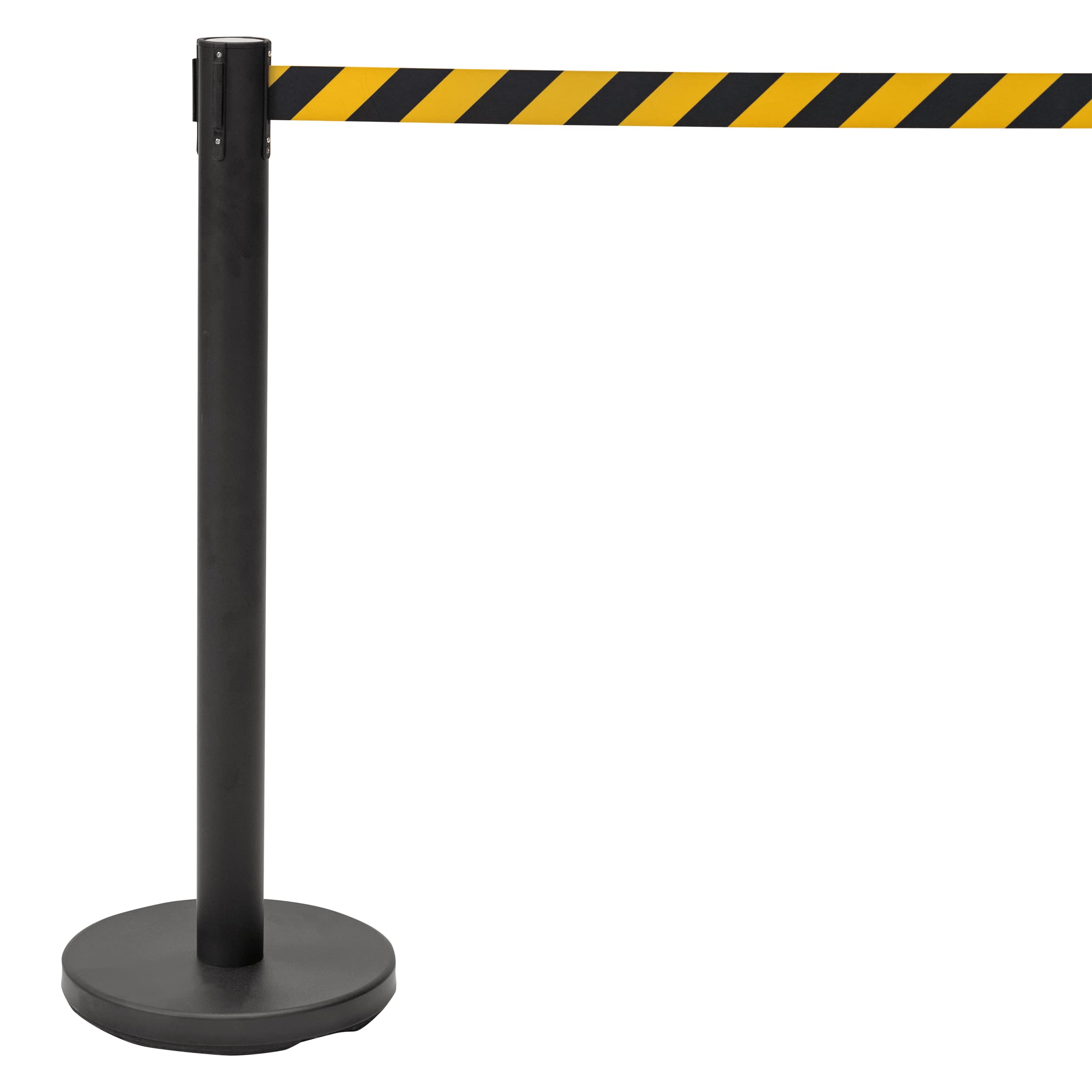 The Workplace Depot Retractable Belt Barrier Tape, Queuing Pull Out Safety Belt, Black Base (Black Post, Black/Yellow Belt)