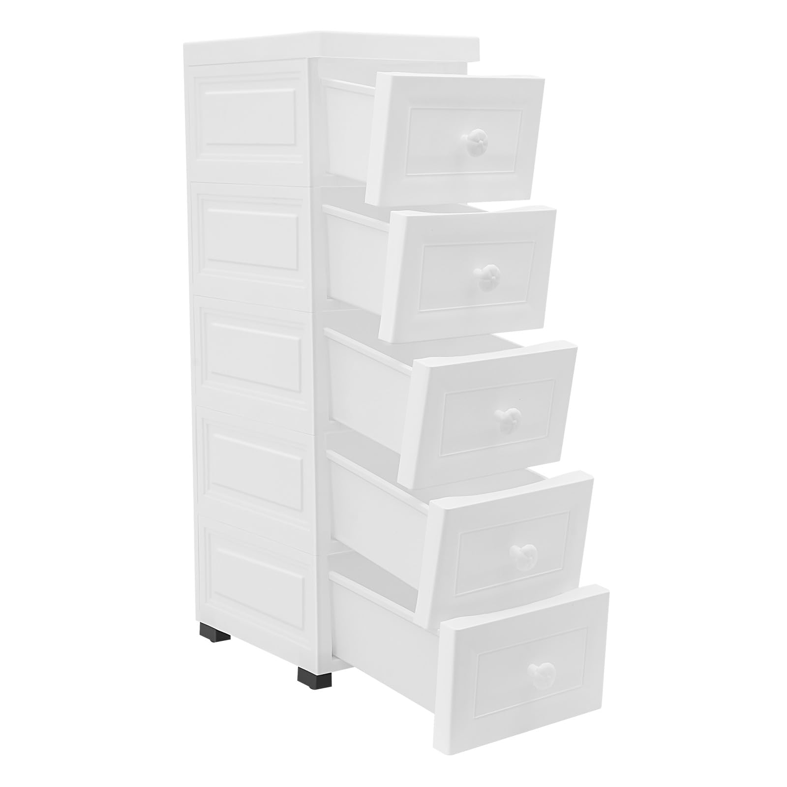 Mobiletto con 5 cassetti in plastica con ruote - Torre portaoggetti con cassetti - Per bagno, aula, studio, soggiorno - Bianco