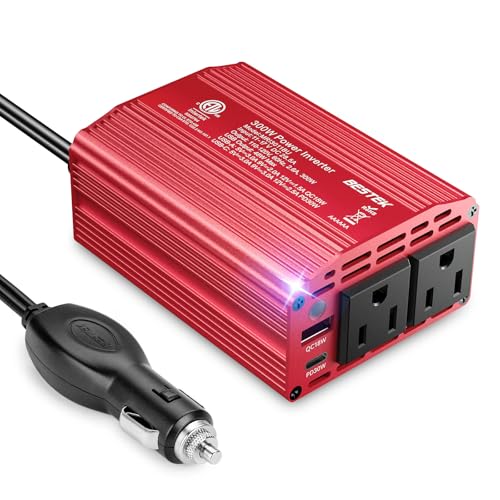 BESTEK 300W Car Power Inverter - DC 12V to 110V AC Car Plug Adapter with 30W USB-C & 18W USB-A Dual AC Outlet, Fast Car Charger Adapter for Laptop, Vehicles, Road Trip Essentials Red