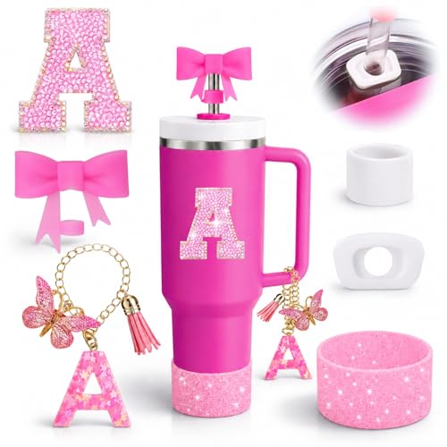 6PCS Pink Stanley Cup Accessories Set, Initials Decorations for Stanley Cup 30oz 40oz, Includes Bow Straw Topper, Handle Charm, Letter Sticker, Silicone Boot, Spill Proof Stopper (Letter A)