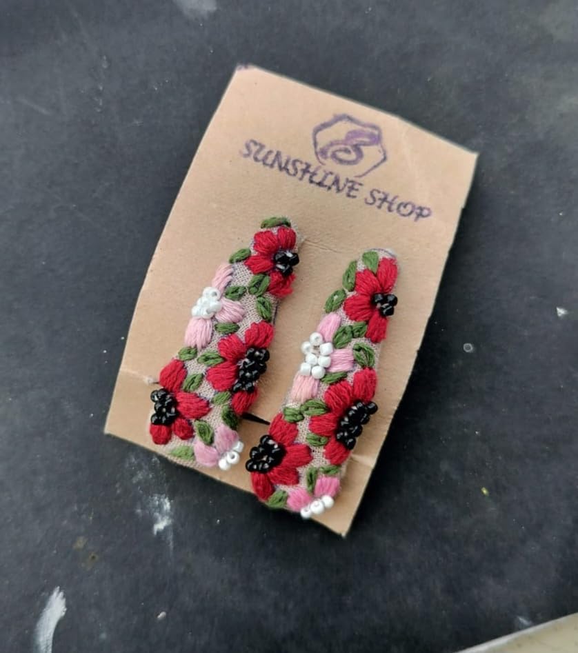 Handmade Floral Embroidered Hair Clips, Red and Pink Flowers with white and black Beads, 2 Pieces
