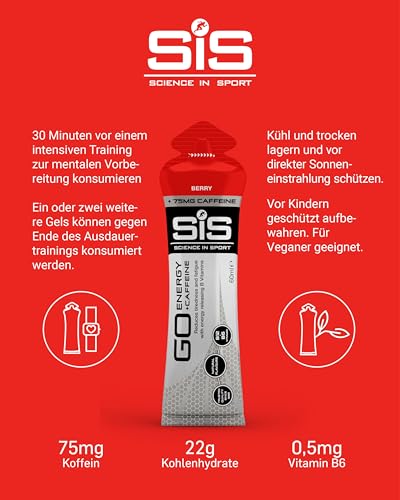 Science in Sport GO Energy Gel + Koffein Gel 30 x 60ml Beerengeschmack, Vegan - Gel mit 75mg Koffein & 22g Kohlenhydrate, Energie für Ausdauersportler