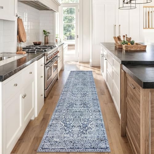 KUTA Vintage Floral Washable Runner Rug, 2x8 Blue White Runners for Hallways Non-Slip Kitchen Rugs Ultra Soft Printed Distressed Tribal Floor Carpet for Bedroom Living Room Nursery Playroom