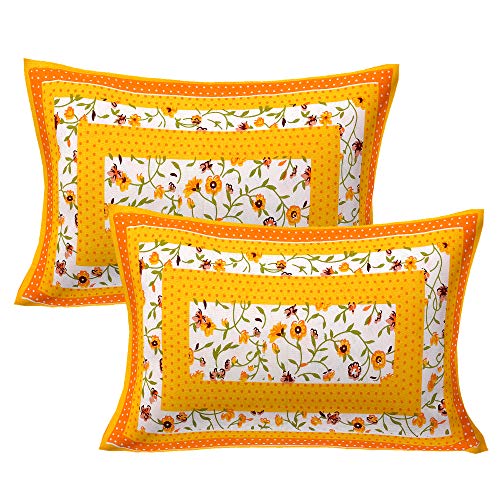 Image of RajasthaniKart Pure 100% Cotton Double Bed Sheet with 2 Pillow Covers (Bedsheet for Double Bed Cotton, Yellow Bindiya Jaipuri, King Size,5217)