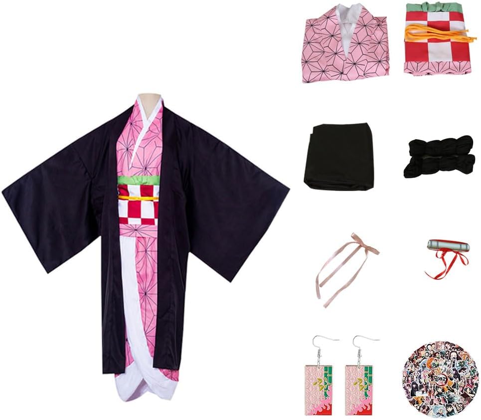 Anime Demon Kamado Nezuko Cosplay Costume Kimono Clothes Cosplay Outfits For Halloween Carnaval Pretend Play Fancy Dress Girls Women CosplayM, Pink