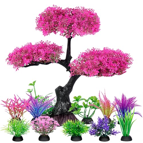 Ameliade Aquarium Artificial Plastic Plants Decoration, Pink Cherry Blossom Tree & Grass Aquarium Decor Set, Goldfish Betta Fish Tank Decorations Hides Accessories（Pink