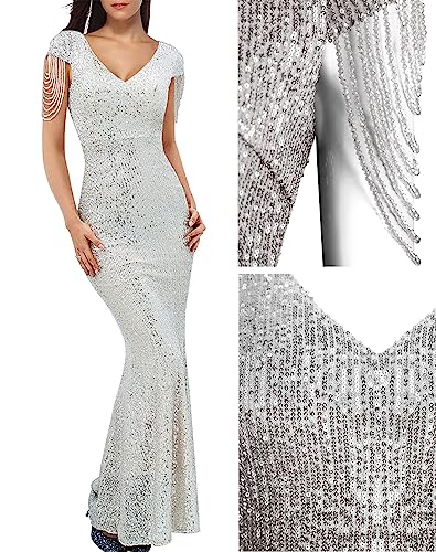 Image of Women 1920s Plus Size Formal Dress Tassels Sleeve Sequins Gatsby Maxi Evening Gown