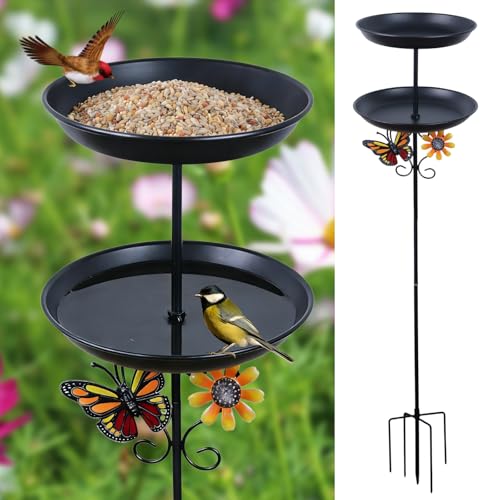 hogardeck 2-in-1 Vintage Freestanding Bird Bath & Feeder Double Metal Layers Birdbath with Upgraded 5-Pronged Sturdy Base Outdoor Decor for Garden Patio Yard Lawn Black
