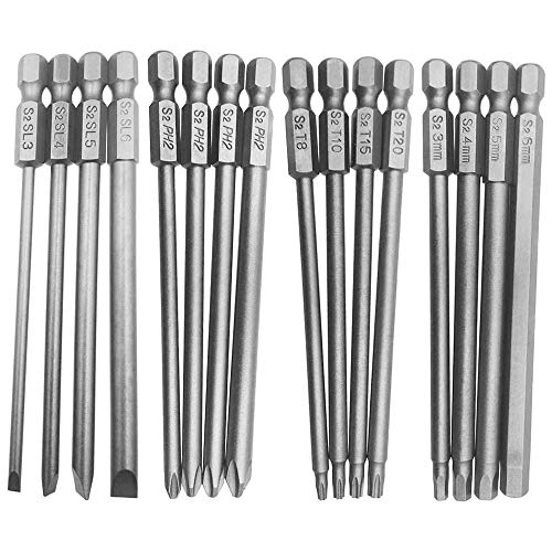 Bestgle 16pcs Longs 6.35mm Hex Tige Tournevis Magnétiques Embouts Plat + Croix + Torx + Hex Ensemble Jeu de Forets Pour Tournevis en Acier Allié S2 100mm de...