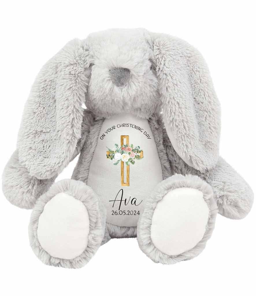 Christening Gift Plush Toy With Custom Name, Date and Church Keepsake Bunny For Baby Girl Nameing Ceremony Handmade Custom Gift (Grey)