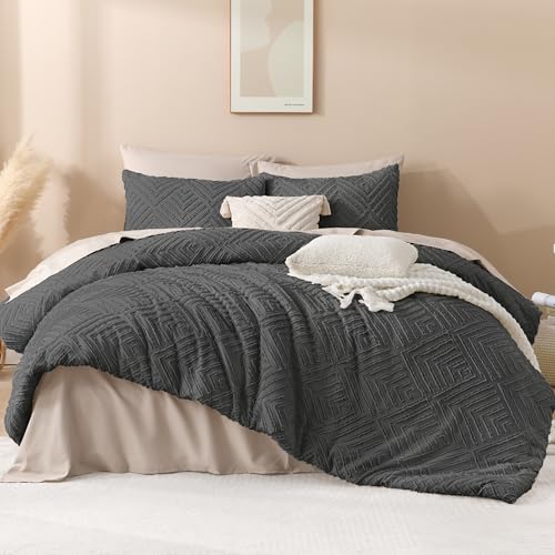 Image of Andency Dark Grey Comforter Set Queen, Gray Lightweight Fluffy Bedding Comforter Sets for Queen Bed, 3 Pieces Tufted Farmhouse Shabby Chic Bed Set for All Seasons (1 Comforter 90x90In, 2 Pillowcases)