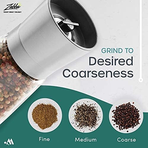 Modetro Salt and Pepper Grinder Set - 2 Stainless-Steel, Easy-Fill Mills w/Adjustable Coarseness, Lids & Silicon Stand