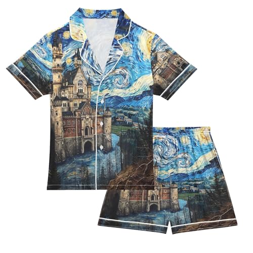 ALAZA Van Gogh Starry Sky European Castle Satin Pajamas Set Short Sleeve Button Down Sleepwear Summer Pjs 2 Piece