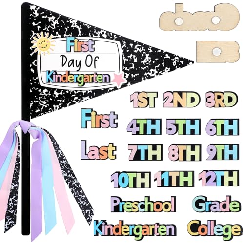 Hahafelt 23 Pcs Composition Book Style First & Last Day of School Wood Flag Kit with Ribbons and Reusable Pennants Signs 15 Grades Photo Prop for Preschool to College Welcome Classroom Decoration