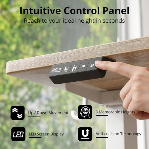 Image of TIQLAB Electric Height Adjustable Standing Desk 71 * 30 inch, Sit Stand Desk with Splice Board, Memory Controller, White Frame & Maple Top Computer Workstation for Home Office