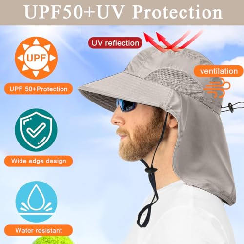 Image of Fishing Hat, UPF50+ Wide Brim Sun Hat for Men Women, UV Protection Hiking Beach Bucket Hats Summer Safari Hat