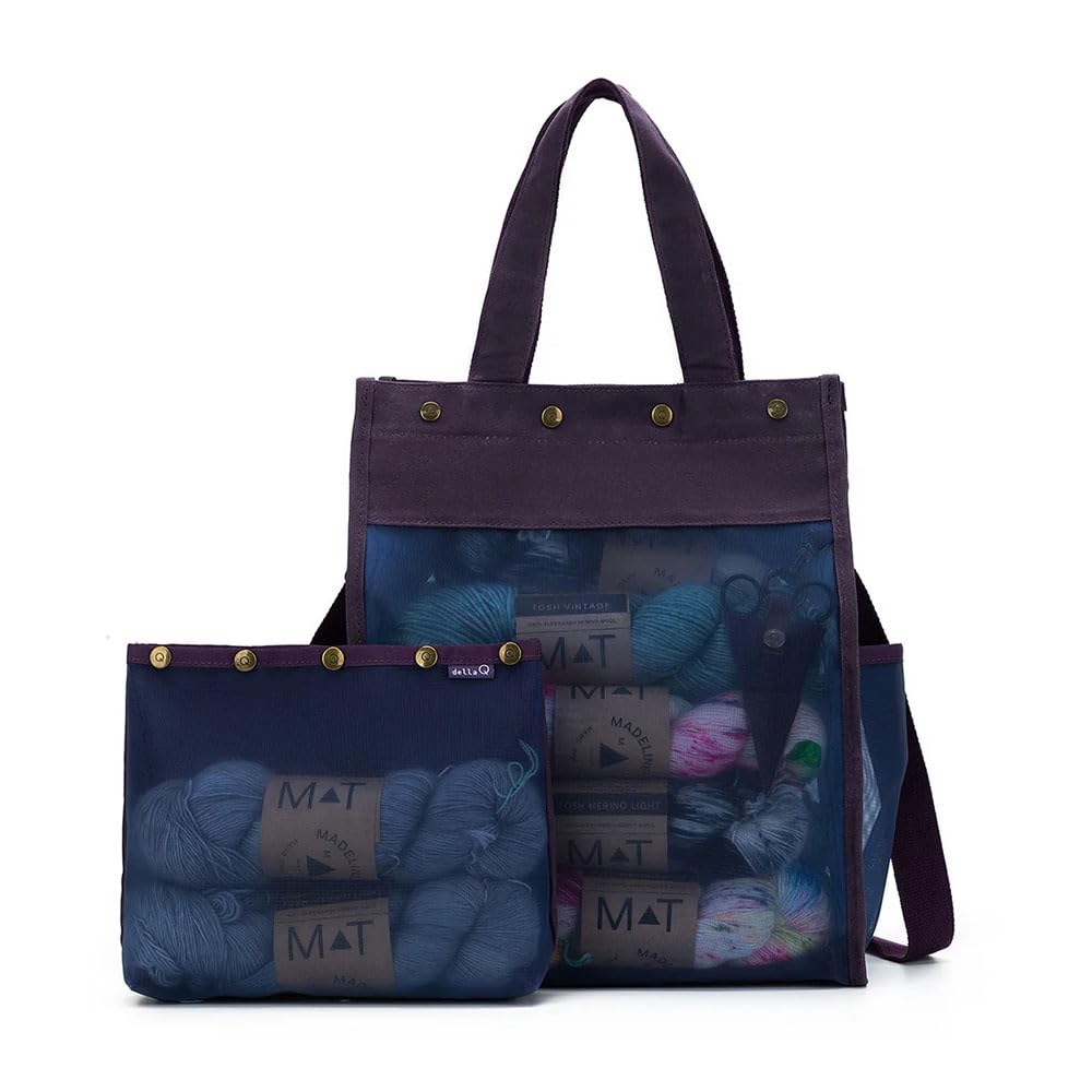 Della Q Makers Tall Mesh Tote Handbag-Adjustable Shoulder Strap, for All Yarn and Projects, Canvas, Purple, 35cm x 27cm x 15cm