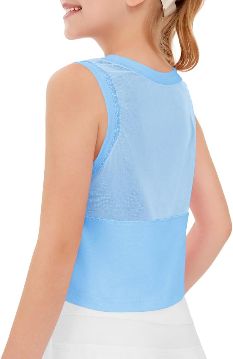 Haloumoning Girls Athletic Tank Tops Kids Sleeveless Crop Tops Mesh Back Workout Cute Sports Shirts 5-14 Years
