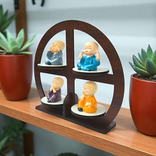 Image of P Arts Buddha Monk Set of 4 Statue Figurines Home Decor Items, Miniature Buddha Monk Statues with Round Wooden Stand, Cute Mini Idol for Car Dashboard, Living Room, Meditation Spaces Room Decor