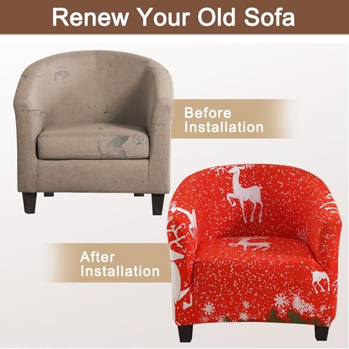 Image of SearchI Christmas Club Chair Slipcover Stretch Barrel Chair Covers Xmas Tub Chair Slipcovers Armchair Cover Removable Couch Furniture Protector Arm Chair Cover for Living Room(Red Christmas Elk)